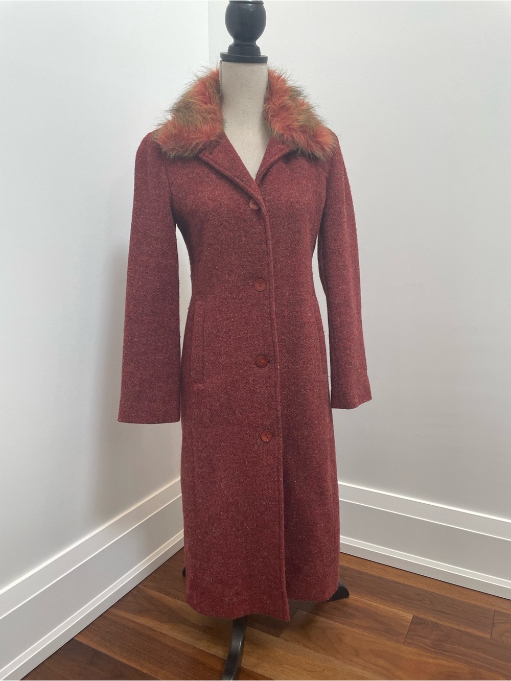 Kookai Vintage Red Trench Coat with Faux Fur Collart